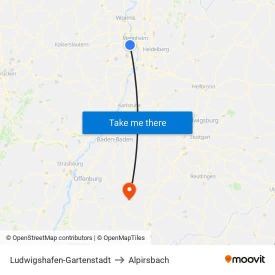Ludwigshafen-Gartenstadt to Alpirsbach map