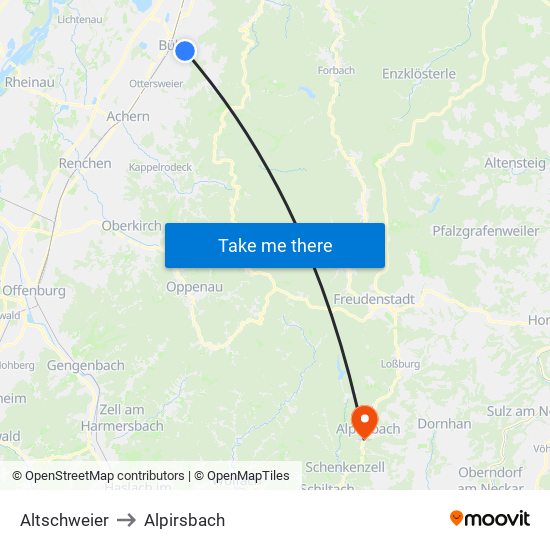 Altschweier to Alpirsbach map