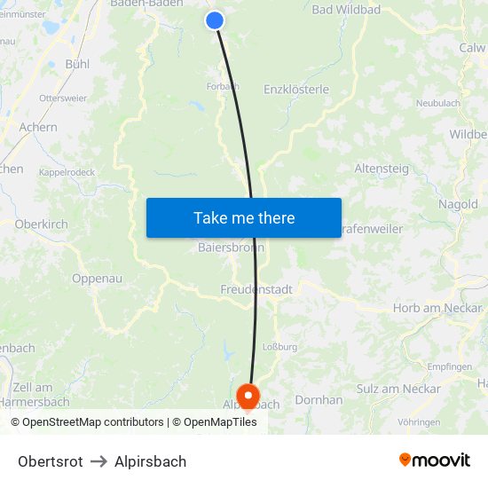 Obertsrot to Alpirsbach map
