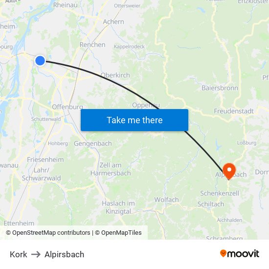 Kork to Alpirsbach map