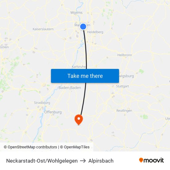 Neckarstadt-Ost/Wohlgelegen to Alpirsbach map