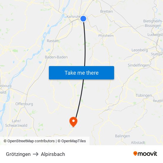 Grötzingen to Alpirsbach map