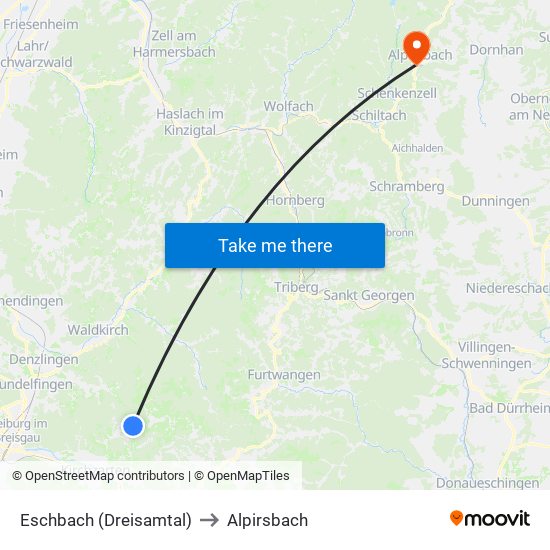 Eschbach (Dreisamtal) to Alpirsbach map