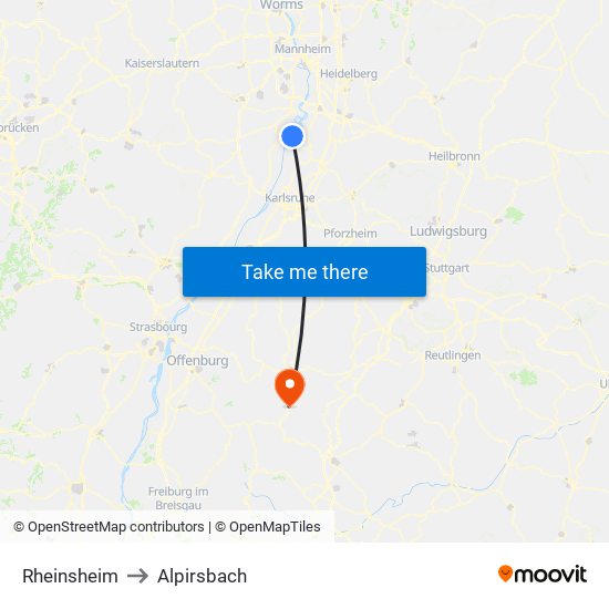 Rheinsheim to Alpirsbach map