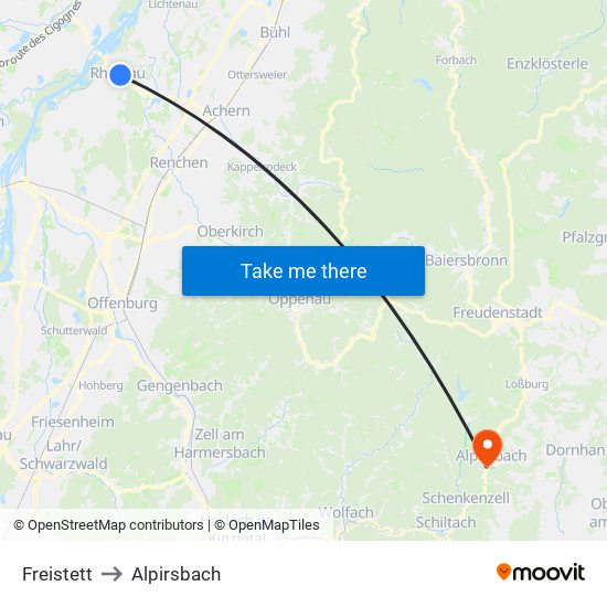Freistett to Alpirsbach map