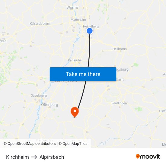Kirchheim to Alpirsbach map