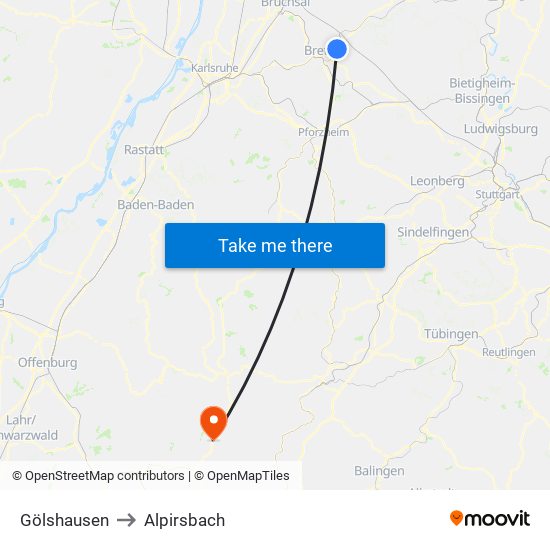 Gölshausen to Alpirsbach map