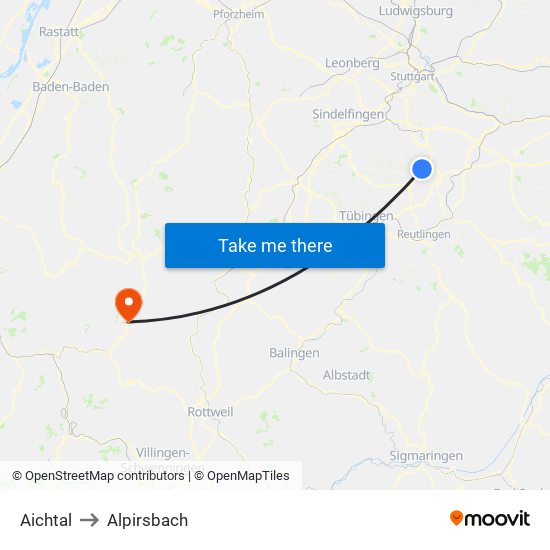 Aichtal to Alpirsbach map