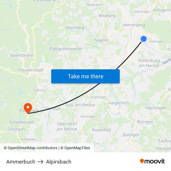 Ammerbuch to Alpirsbach map