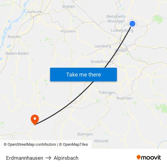 Erdmannhausen to Alpirsbach map