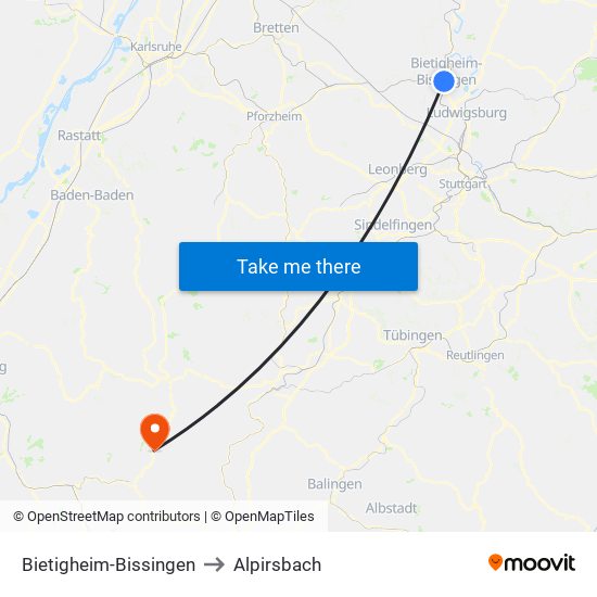 Bietigheim-Bissingen to Alpirsbach map