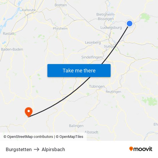 Burgstetten to Alpirsbach map