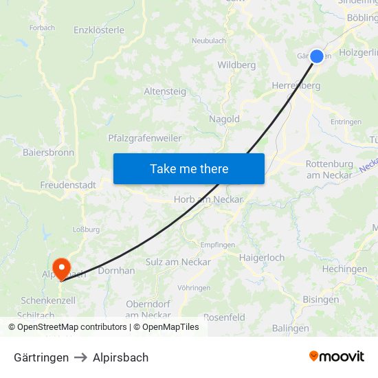 Gärtringen to Alpirsbach map