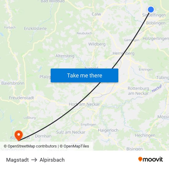 Magstadt to Alpirsbach map