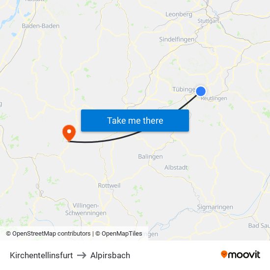 Kirchentellinsfurt to Alpirsbach map