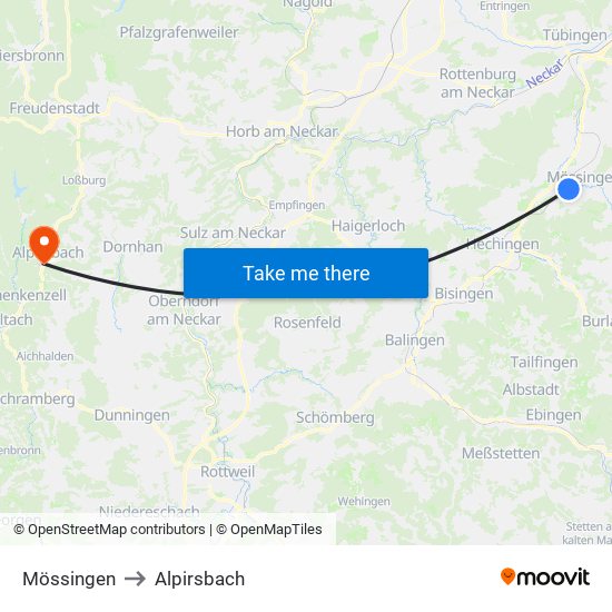 Mössingen to Alpirsbach map