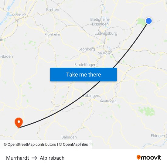 Murrhardt to Alpirsbach map