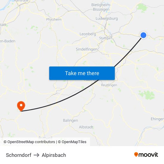 Schorndorf to Alpirsbach map