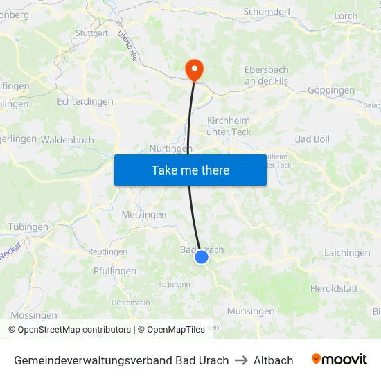 Gemeindeverwaltungsverband Bad Urach to Altbach map