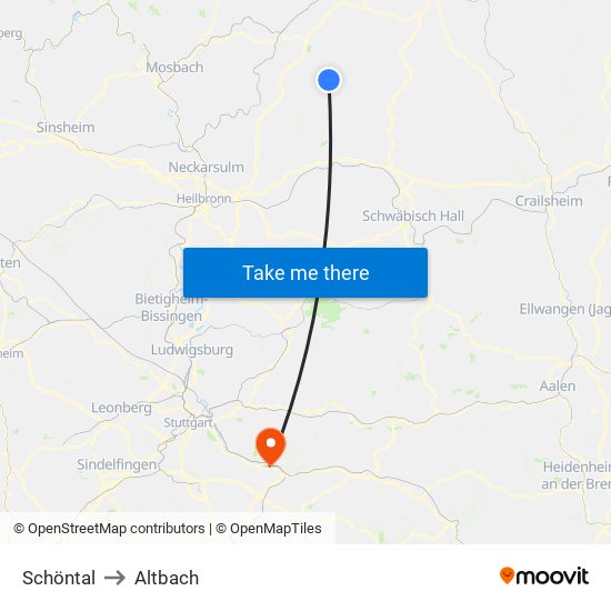 Schöntal to Altbach map