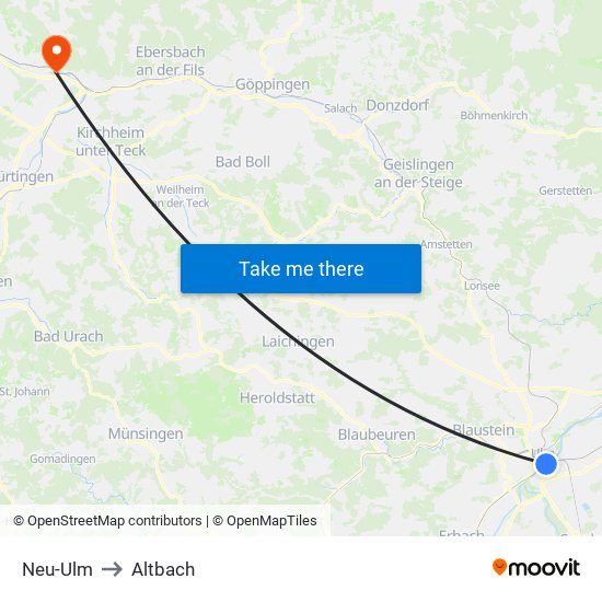 Neu-Ulm to Altbach map