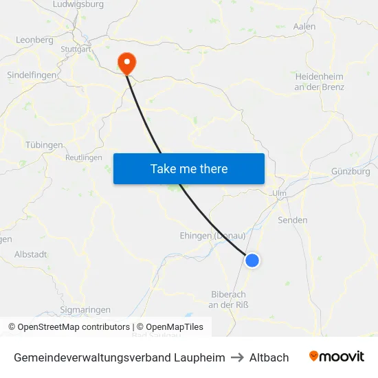 Gemeindeverwaltungsverband Laupheim to Altbach map