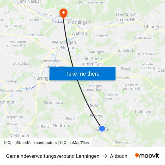 Gemeindeverwaltungsverband Lenningen to Altbach map