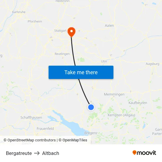Bergatreute to Altbach map