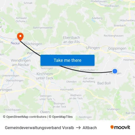 Gemeindeverwaltungsverband Voralb to Altbach map