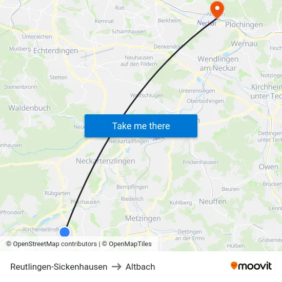 Reutlingen-Sickenhausen to Altbach map