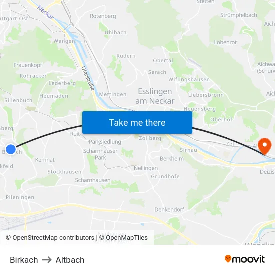 Birkach to Altbach map