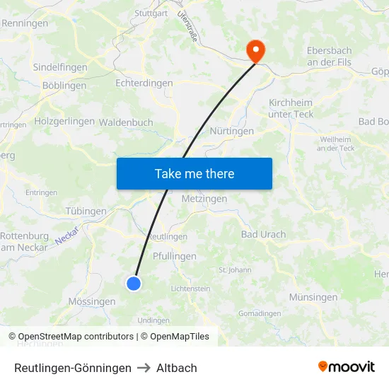 Reutlingen-Gönningen to Altbach map