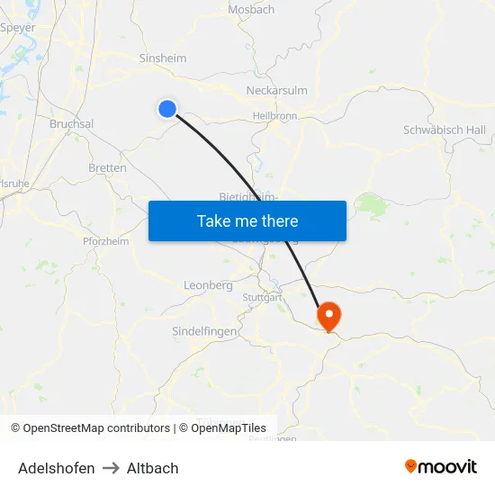 Adelshofen to Altbach map