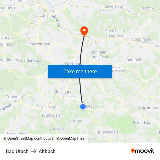 Bad Urach to Altbach map