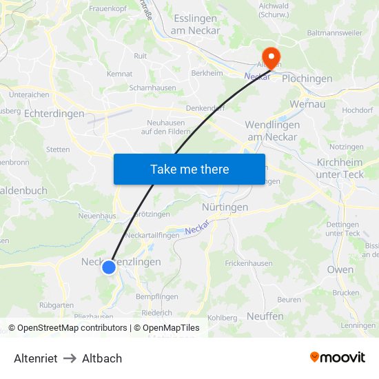 Altenriet to Altbach map