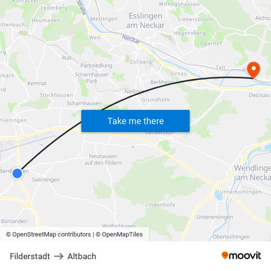 Filderstadt to Altbach map