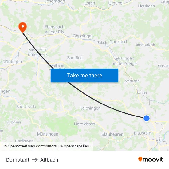 Dornstadt to Altbach map