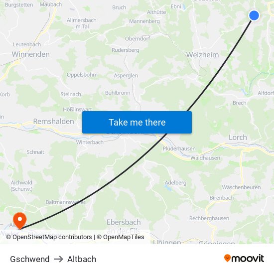 Gschwend to Altbach map