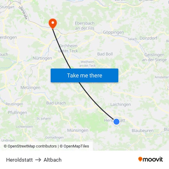 Heroldstatt to Altbach map