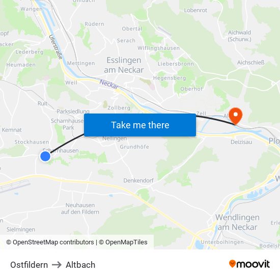 Ostfildern to Altbach map