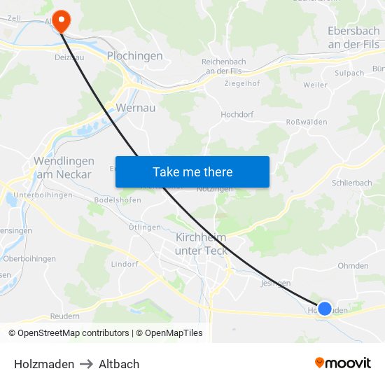 Holzmaden to Altbach map