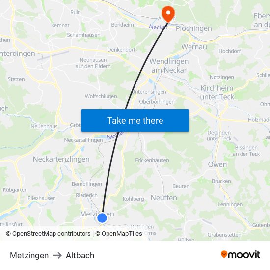 Metzingen to Altbach map
