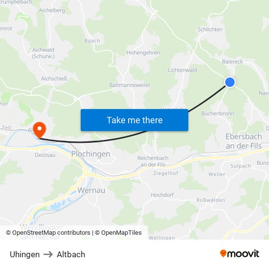 Uhingen to Altbach map