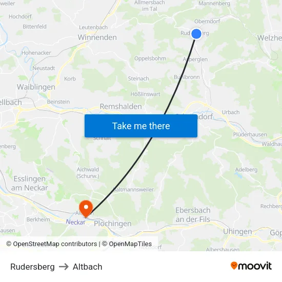Rudersberg to Altbach map