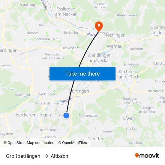 Großbettlingen to Altbach map