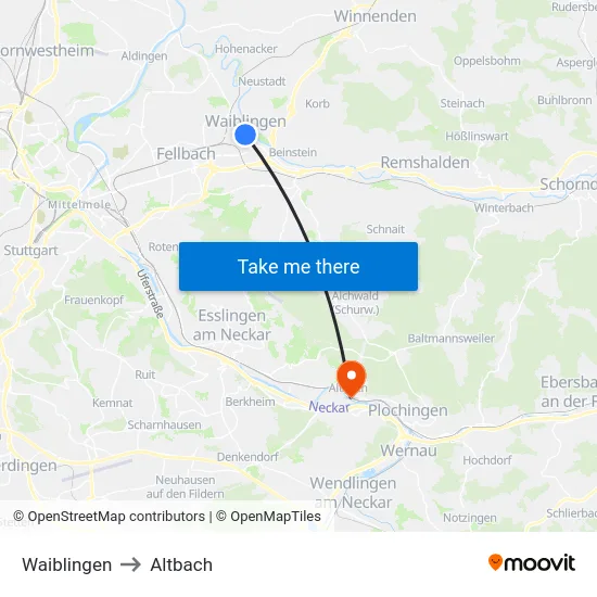 Waiblingen to Altbach map