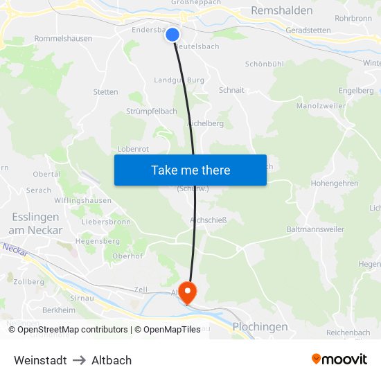 Weinstadt to Altbach map
