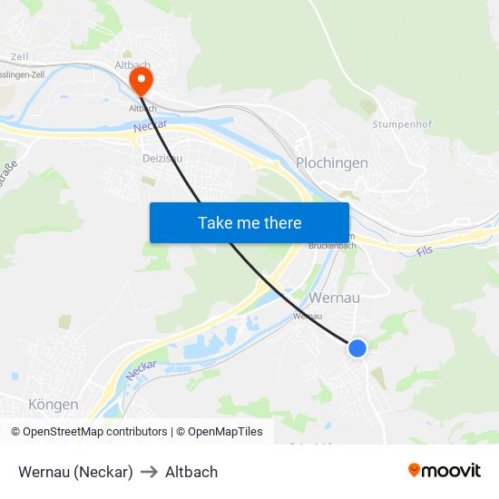 Wernau (Neckar) to Altbach map