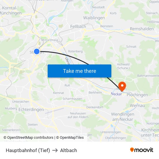 Hauptbahnhof (Tief) to Altbach map