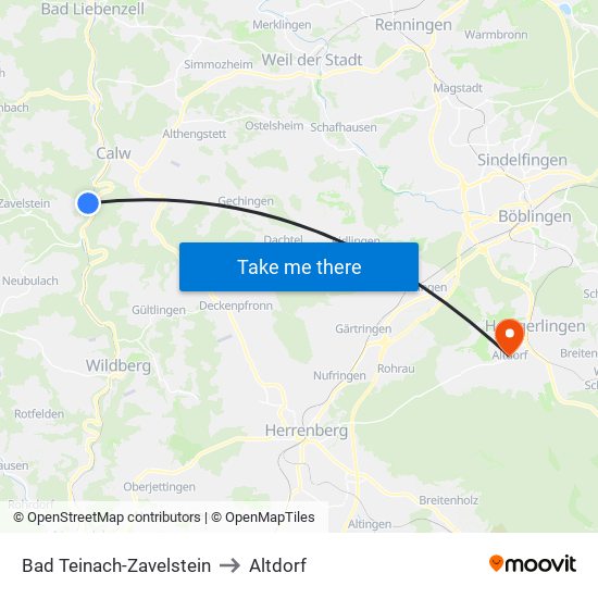 Bad Teinach-Zavelstein to Altdorf map